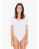 Ladies' Cotton Spandex Short Sleeve Double U-Neck Bodysuit White