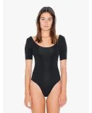 Ladies' Cotton Spandex Short Sleeve Double U-Neck Bodysuit Black