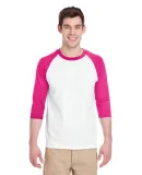 5700 Gildan Heavy Cotton Three-Quarter Raglan T-Sh in White/ heliconia