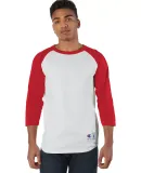 Champion T137 Raglan Baseball Tee in White/ scarlet