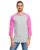 Champion T137 Raglan Baseball Tee in Oxford grey/ charity pink