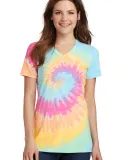 Port & Company LPC147V Ladies Tie-Dye V-Neck Tee Pastel Rainbow