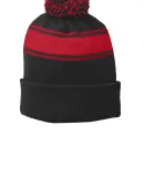 Sport Tek STC28 Sport-Tek Stripe Pom Pom Beanie Black/Tr Red