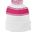 Sport Tek STC28 Sport-Tek Stripe Pom Pom Beanie White/Pink Ras