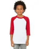 3200Y Bella + Canvas Youth Three-Quarter Sleeve Ba in White/ red