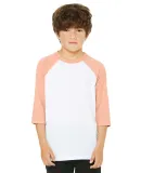 3200Y Bella + Canvas Youth Three-Quarter Sleeve Ba in Wht/ hthr peach