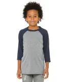 3200Y Bella + Canvas Youth Three-Quarter Sleeve Ba in Grey/ navy trb