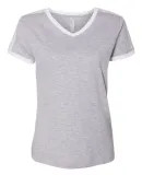 LA T 3532 Women's Retro Ringer Fine Jersey V-Neck  HEATHER/ WHITE