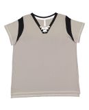 LA T 3833 Women's Curvy Lace Up Fine Jersey Tee in Titanium/black/white