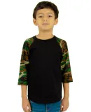 Shaka Wear SHRAGCY Youth 6 oz., 3/4-Sleeve Camo Ra in Black/ camo grn