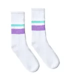 Socco Socks SC100 USA-Made Striped Crew Socks in Mint/ lilac thin & thick stripe