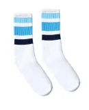 Socco Socks SC100 USA-Made Striped Crew Socks in White/ ocean blue