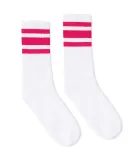 Socco Socks SC100 USA-Made Striped Crew Socks in White/ fuchsia