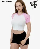 Los Angeles Apparel 43077 Baby Rib Short Sleeve Ra in White/baby pink