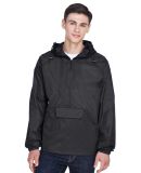 8925 UltraClub® Adult 1/4-Zip Hooded Nylon Pullov in Black