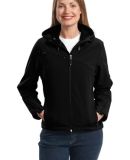 Port Authority Ladies Textured Hooded Soft Shell J in Black/ engine red