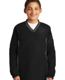 Sport Tek Youth Tipped V Neck Raglan Wind Shirt YS in Black/graph gy