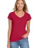 64V00L Gildan Junior Fit Softstyle V Neck T Shirts in Cherry red