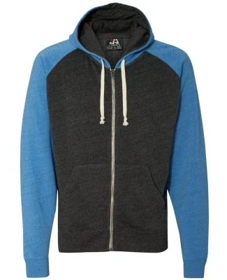 8874 J. America - Triblend Raglan Full-Zip Hooded Sweatshirt Black/ Royal Triblend
