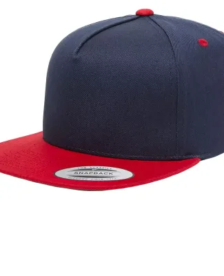 6007 Yupoong Five-Panel Flat Bill Cap in Navy/ red
