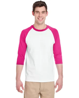 5700 Gildan Heavy Cotton Three-Quarter Raglan T-Sh in White/ heliconia