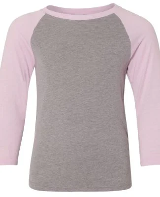 Next Level 3352 Youth CVC Baseball Raglan in Lilac sleeves/ dark heather grey body