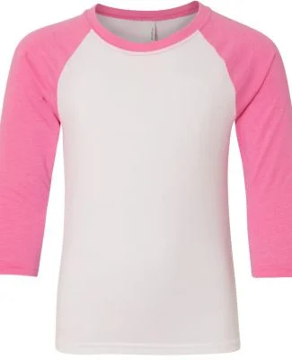 Next Level 3352 Youth CVC Baseball Raglan in Hot pink sleeves/ white body