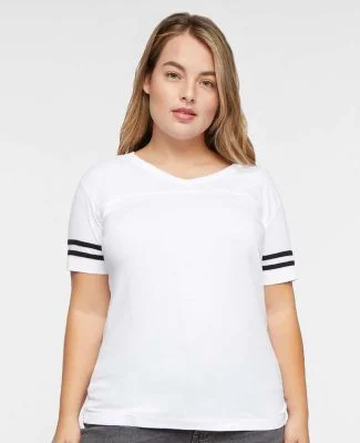 LAT 3537 Women's V-Neck Football Tee in White/black