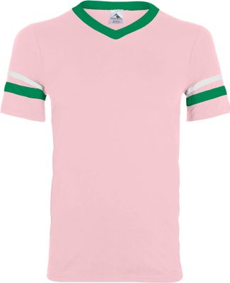 Augusta Sportswear 361 Youth V-Neck Football Tee in Light pink/ kelly/ white