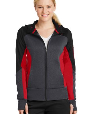 Sport Tek LST245 Sport-Tek Ladies Tech Fleece Colo in Black/ graphite heather/ true red