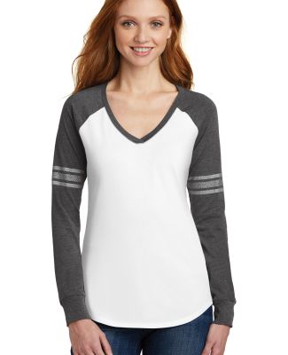 DM477 District Made Ladies Game Long Sleeve V-Neck in White/ heathered charcoal/ silver