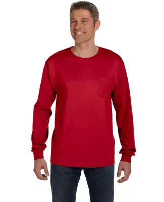 HANES 5596 Tagless Long Sleeve T-Shirt with a Pock Deep Red