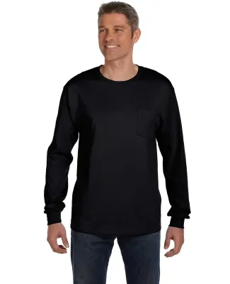 HANES 5596 Tagless Long Sleeve T-Shirt with a Pock Black