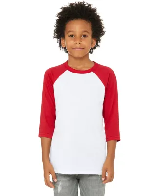 3200Y Bella + Canvas Youth Three-Quarter Sleeve Ba in White/ red
