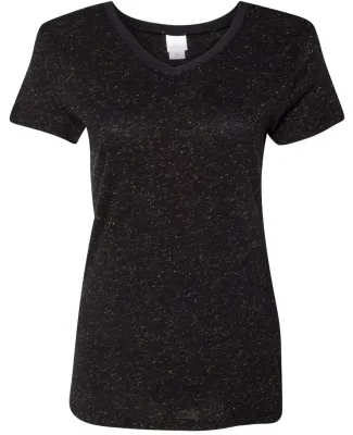 J America 8136 Women's Glitter V-Neck T-Shirt Black/ Gold