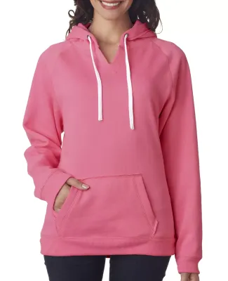 J America 8836 Women's Sueded V-Neck Hooded Sweats in Neon pink