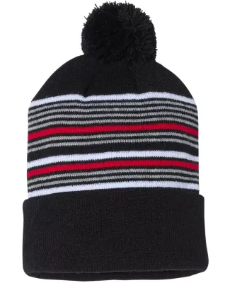 Sportsman SP60 12" Striped Pom-Pom Knit Cap Black/ White/ Grey/ Red