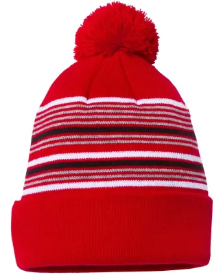 Sportsman SP60 12" Striped Pom-Pom Knit Cap Red/ White/ Grey/ Black