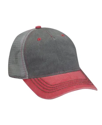 Pigment-Dyed Twill & Mesh 5 Panel Trucker Cap CHRCL/ RED/ GRY