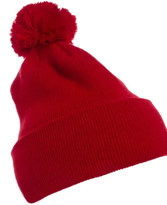 Yupoong-Flex Fit 1501P Cuffed Knit Beanie with Pom in Red