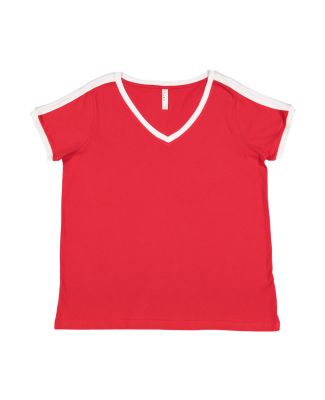 LA T 3832 Women's Curvy Retro Ringer Premium Jerse in Red/white