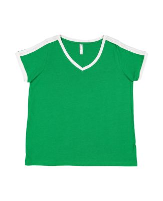 LA T 3832 Women's Curvy Retro Ringer Premium Jerse in Vintage green/white