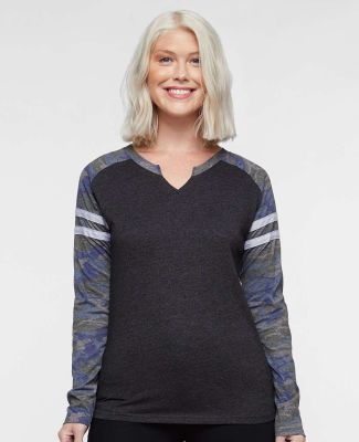 LA T 3534 Women's Fine Jersey Mash Up Long Sleeve  in Vintage smoke/vintage camo/vin