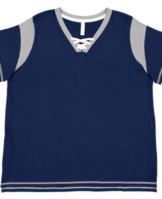 LA T 3833 Women's Curvy Lace Up Fine Jersey Tee in Navy/titanium/white