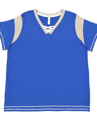 LA T 3833 Women's Curvy Lace Up Fine Jersey Tee in Royal/titanium/white