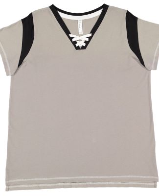 LA T 3833 Women's Curvy Lace Up Fine Jersey Tee in Titanium/black/white