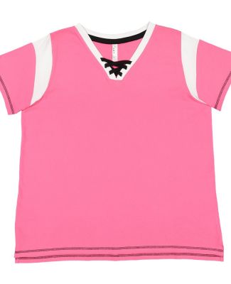 LA T 3833 Women's Curvy Lace Up Fine Jersey Tee in Hot pink/white/black