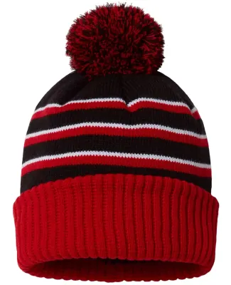 Richardson Hats 134 Stripe Pom Cuffed Beanie Black/ Red/ White