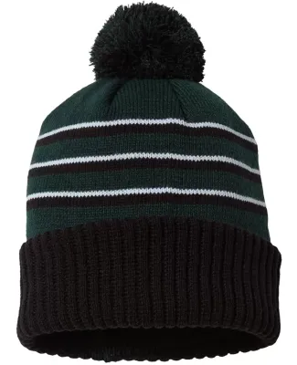 Richardson Hats 134 Stripe Pom Cuffed Beanie Dark Green/ Black/ White
