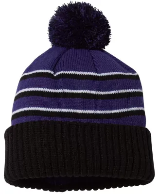 Richardson Hats 134 Stripe Pom Cuffed Beanie Purple/ Black/ White